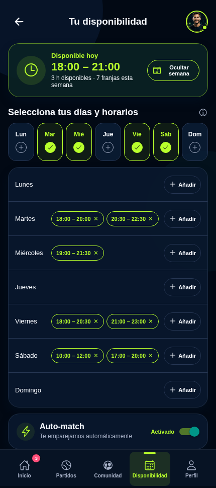 Pantalla de disponibilidad semanal de PadelDraft